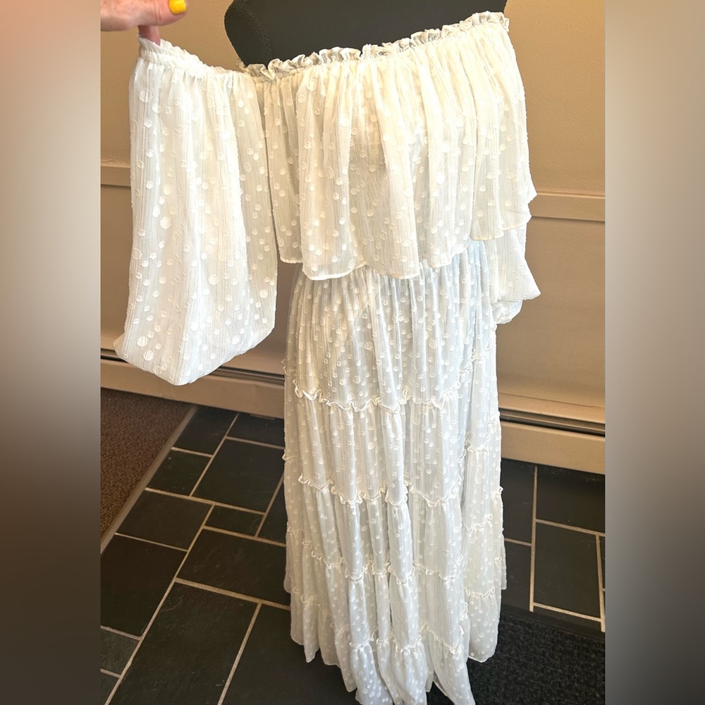 Misa Los Angeles White Strapless Off-Shoulder Polka Dot Maxi Dress